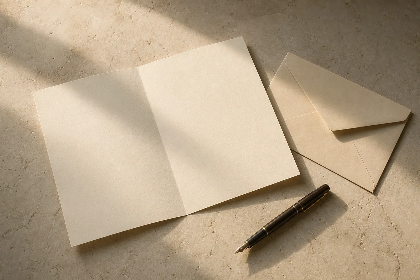An open letter, envelope, and pen arranged on warm-toned stationery